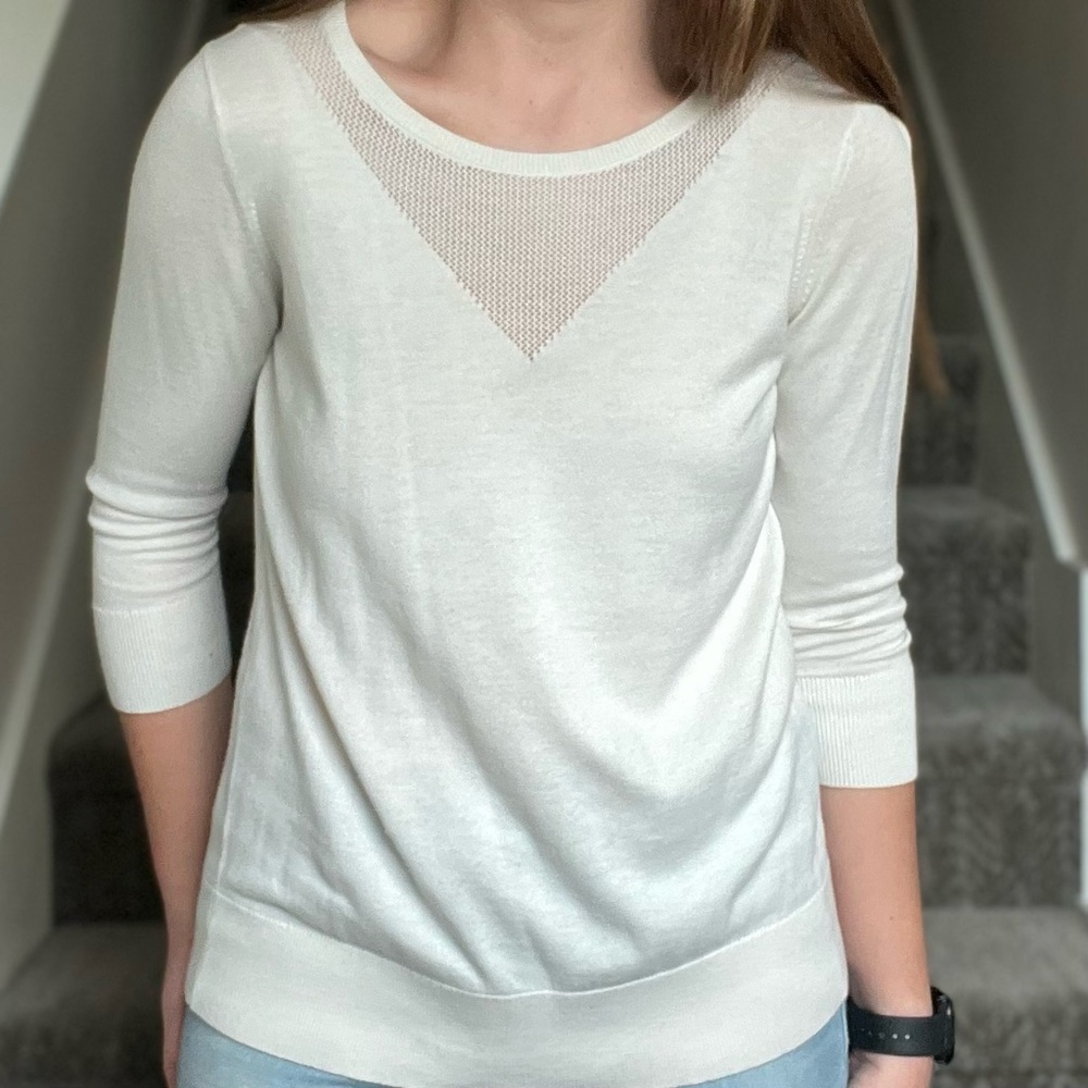 Banana Republic Factory Cream Knit Sweater with Mesh Yoke